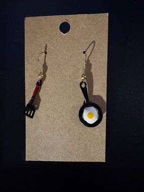 Cute Frying Pan and Spatula Egg Earrings - Black, White, Yellow